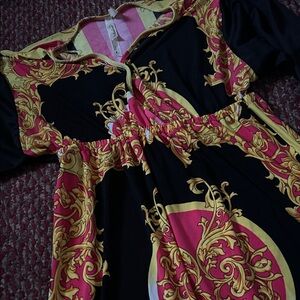 Baroque Print Dress in Black and Pink